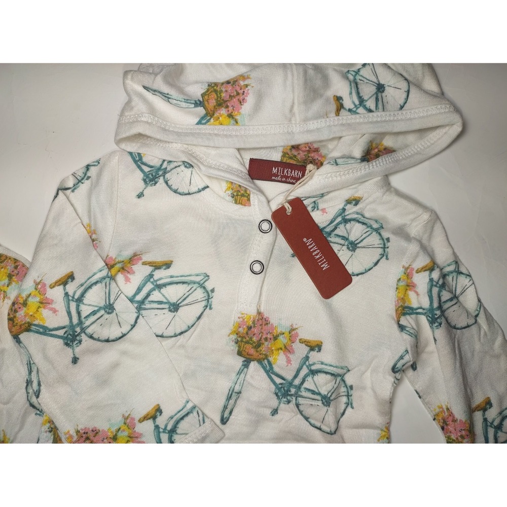 MilkBarn Hooded Romper 6 9 12 Mos Rayon‎ Bamboo Bicycle Bike Outfit Girl Flowers - Picture 4 of 4